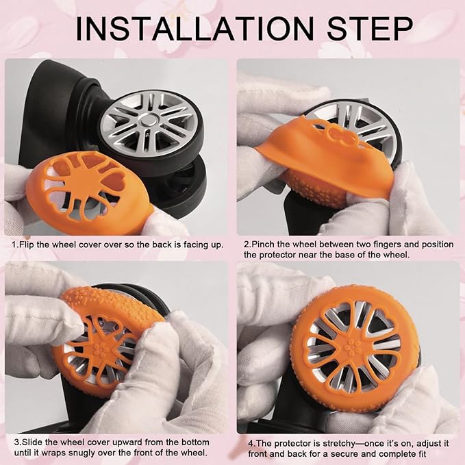 Luggage Wheel Protector, 8PCS Sakura Love Design - Premium Silicone Protectors for 2-2.4" Spinner Wheels Anti-Slip, Ultra-Quiet & Wear-Resistant Travel Accessories (Orange)