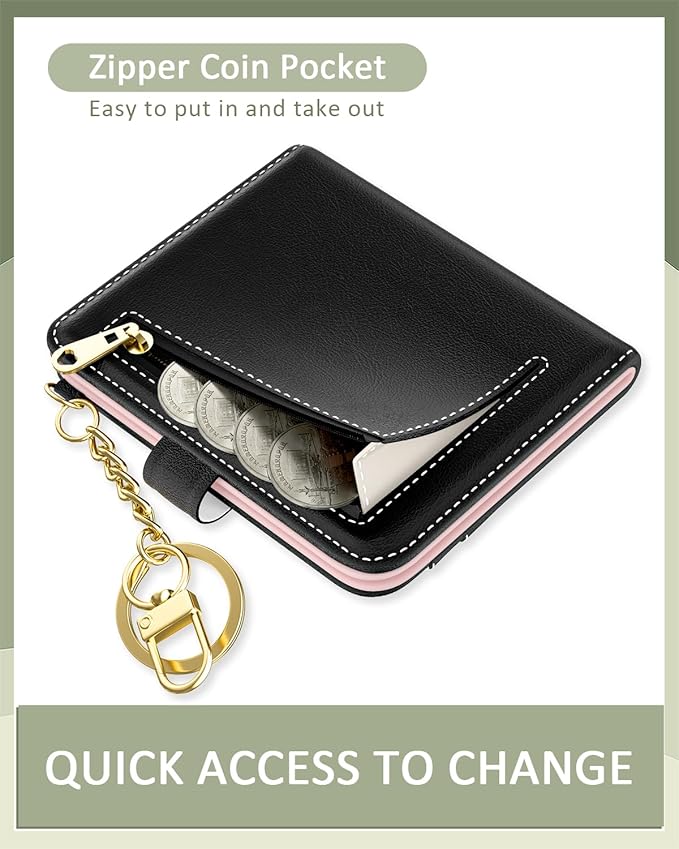 Aiawoxc Womens Wallet, RFID Small Wallets for Women, Slim Compact Credit Card Holder, Cute Leather Bifold Ladies Purse with Zipper Coin Pocket and ID Window, Black