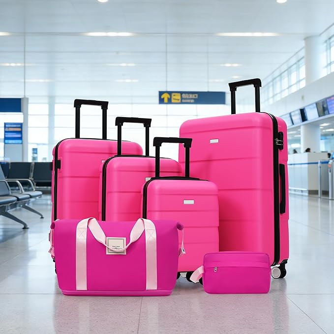 Pink 6 Piece Luggage Set Hard Shell - Traveling Suitcases with Spinner Wheels and Duffel Bags for Family Travel, Durable Carry On Luggage Sets with Lock for Women and Girls