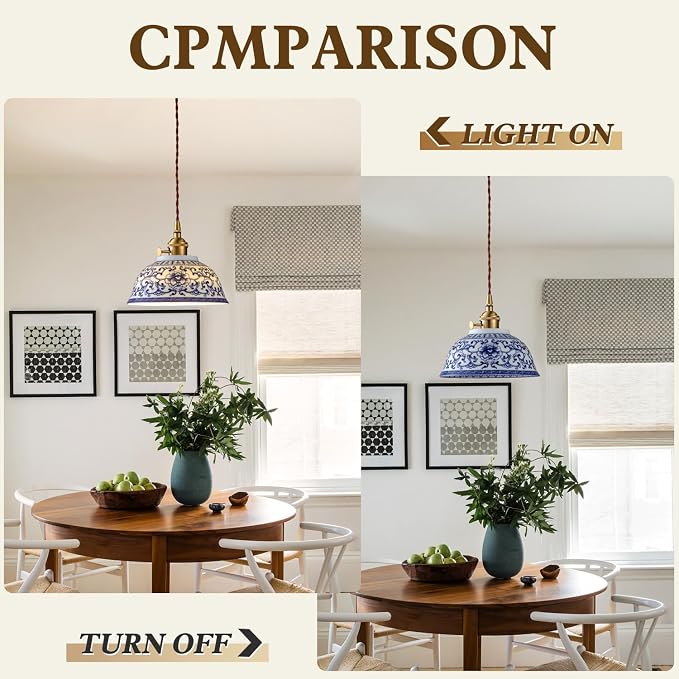 Ceramic Pendant Light, Chinese Blue and White Porcelain Pendant Light fixtures, Bedside Light, Hanging lamp for Kitchen Island Light Fixture, Home Bedroom Dining Room Ceiling Hanging Light 9in