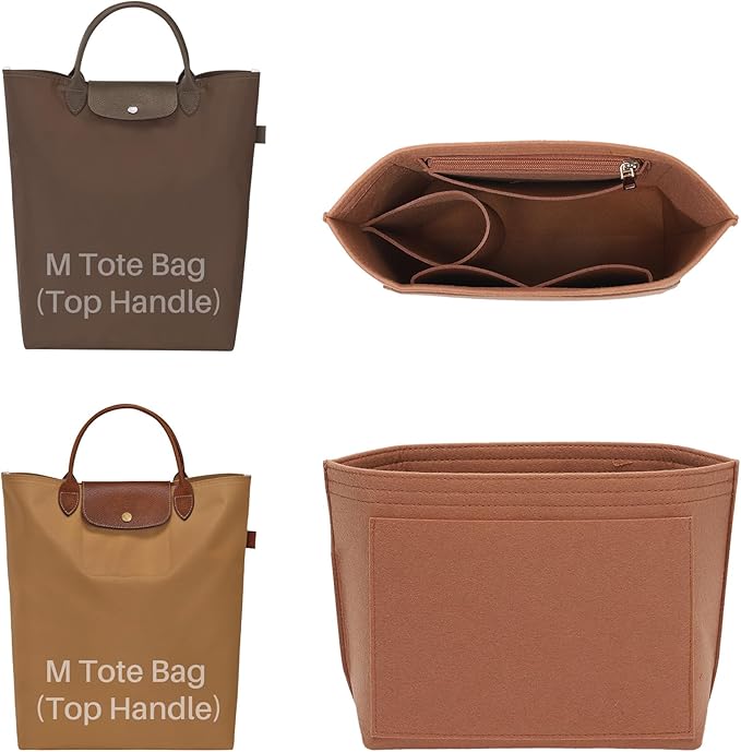 Premium Felt Purse Organizer Insert for Longchamp Le Pliage, Zipper Long Champ Bag Organizer Insert with Cup Holder, 8 Compartments