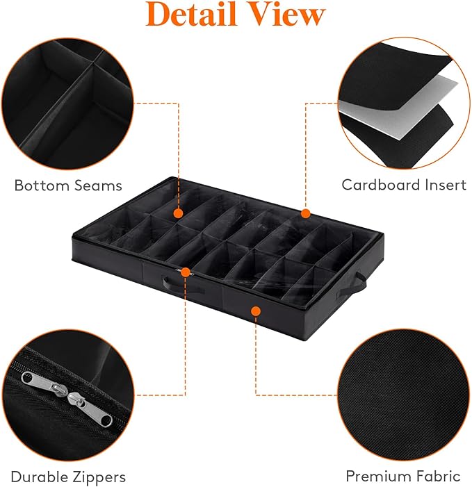 Lifewit Under Bed Shoe Storage Organizer 1 Pack(16 Pairs), 4.3" Tall Fabric Shoes Container Box, Foldable Closet Shoe Bag with 2 Reinforced Handles and Clear Cover, Black