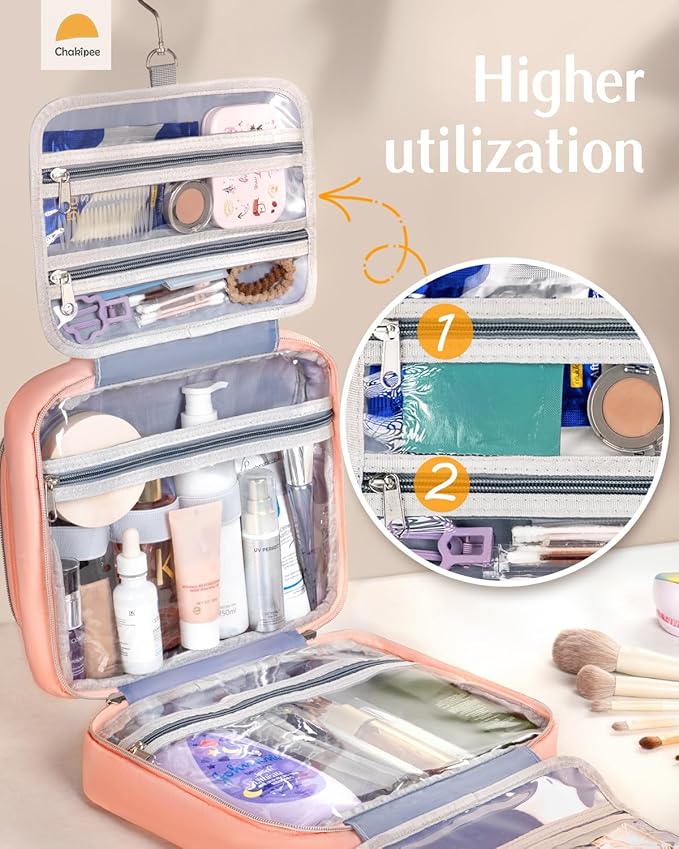 Travel Hanging Toiletry Bag for Women - Waterproof Cosmetic Organizer with Clear Window, Lightweight Bathroom Bags for Essentials, Makeup, Shampoo, Toiletries Dark Pink,Large
