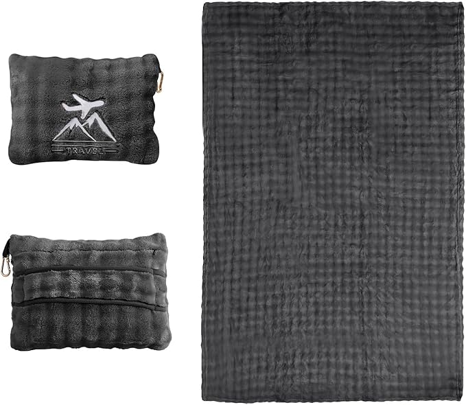 Travel Blanket and Pillow-2-in-1, Ultra-Soft&Compact, Airplane Blanket with Hand Luggage Belt and Backpack Clip,Travelers Accessories Gifts, 61x43 Inches（Dark Gray）