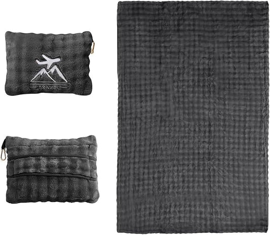 Travel Blanket and Pillow-2-in-1, Ultra-Soft&Compact, Airplane Blanket with Hand Luggage Belt and Backpack Clip,Travelers Accessories Gifts, 61x43 Inches（Dark Gray）