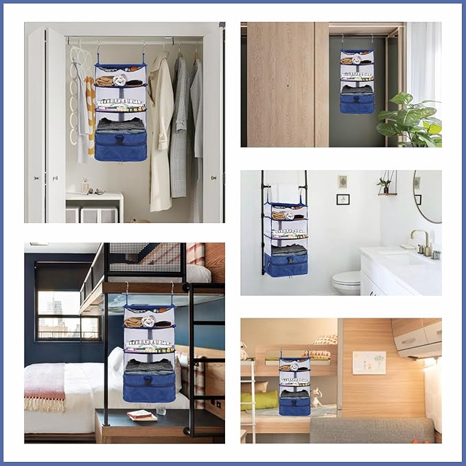 Surblue Hanging 3-Shelf Closet Organizer Pocket Collapsible Washable Oxford Fabric with 2 Hooks (L 11.41 * 11.41 * 19.68in, Blue)