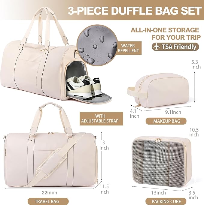 Large 3-in-1 Leather Duffle Bag for Travel Weekender Overnight Hospital Gym Bag for Men & Women, Carry On Airline Approved Personal Item Duffel Garment Bag Luggage with Shoe Compartment & Toiletry Bag