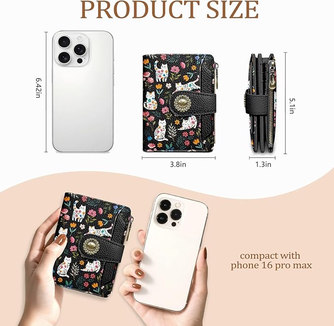 Icycay Flowers Cat Wallet Women Small RFID Blocking Bifold, Cute Credit Card Holder, Zipper Coin Pocket, PU Leather, Compact, Travel, 4 ID Window, 14 Card Slots, Cash Purse, Ladies Woman Female Girls