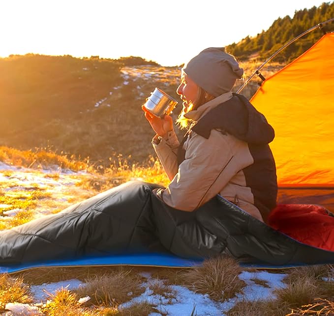 UNIKOME Waterproof Puffy Camping Blanket - Lightweight Packable Outdoor Quilt with Snaps & Corner Loops, Warm Compact Blanket for Cold Weather Hiking Picnic Stadium Travel, 75"×52", Black&Red