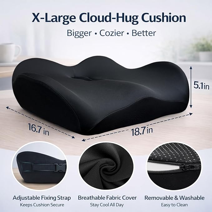 X Large Memory Foam Seat Cushions for Office Chairs, Long Sitting Pressure Relief Ergonomic Office Chair Cushion for Butt Coccyx Tailbone Sciatica, Car Seat Booster for Height (Black)