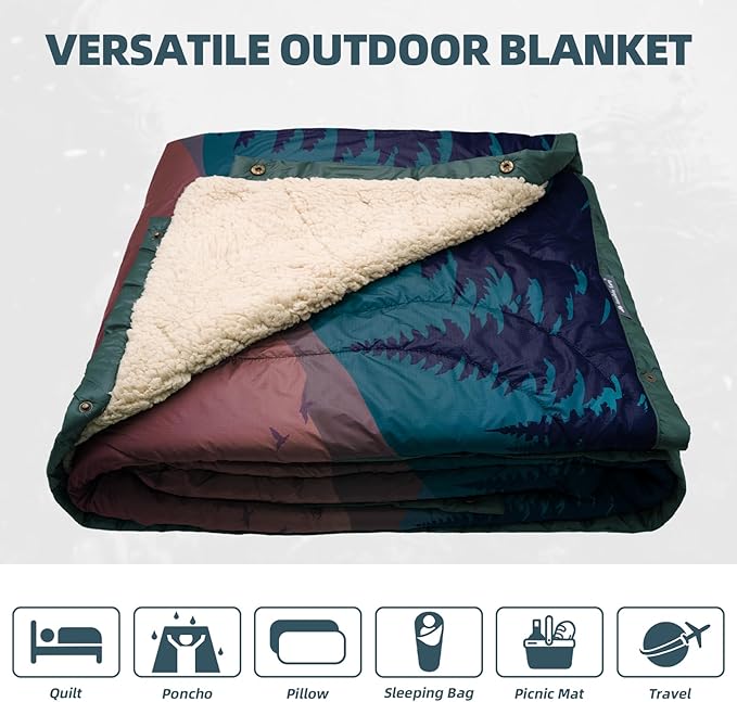 Outdoor Camping Blanket - Puffy Camping Blanket Packable,Sherpa Fleece Warm Blanket for Camping, Outdoors, Travel, Stadium, Festivals, Beach, Hammock 56"x 78" Machine Washable, DWR, Lightweight