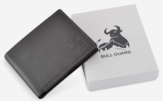 BULLGUARD Mens RFID Blocking Wallet Bifold with Flip Up ID in Saffiano Grey Genuine Leather