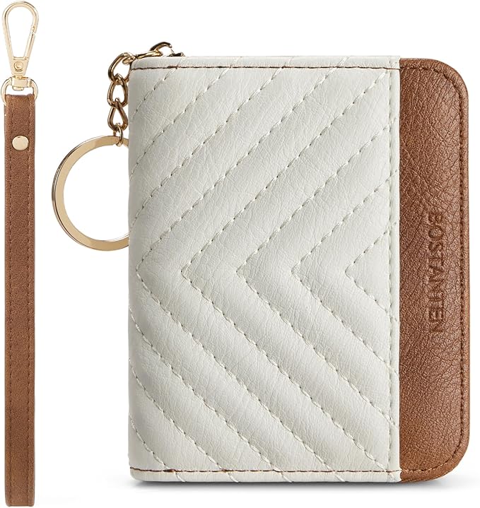 BOSTANTEN Credit Card Holder Wallet RFID Blocking Leather Small Wallet for Women Zipper Keychain Wallet with Wristlet Beige＆Brown