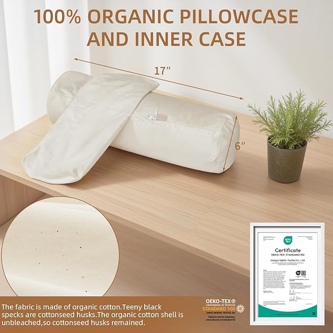 LOFE Buckwheat Pillow - Adjustable Buckwheat neck Pillow(17x6) to Provide Firm Support, Neck Roll Pillows for Side and Back Sleepers, Cylinder Bolster Pillows with Organic Pillowcase