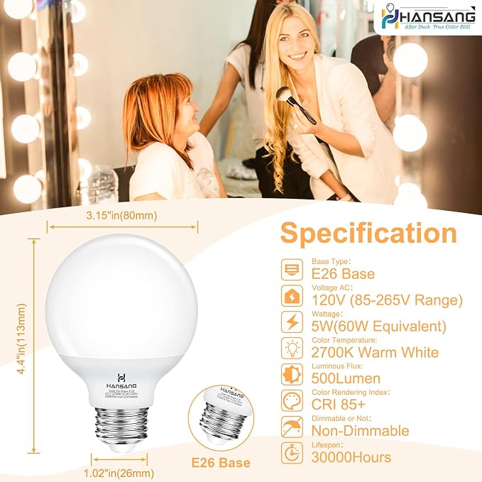 12 Pack G25 LED Vanity Barthroom Light Bulb 60W Equivalent 2700K Warm White | E26 LED Light Bulbs, CRI85+ Eye-Friendly, Type G Round Light Bulb for Makeup Mirror, 120V, 5W, 500LM No-flicker, Non-Dimmable