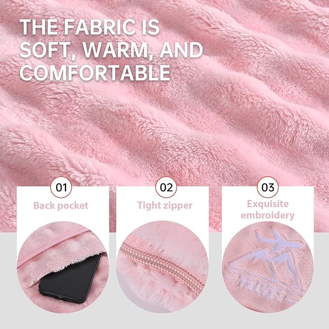Travel Blanket and Pillow-2-in-1, Ultra-Soft&Compact, Airplane Blanket with Hand Luggage Belt and Backpack Clip,Travelers Accessories Gifts, 61x43 Inches(Pink