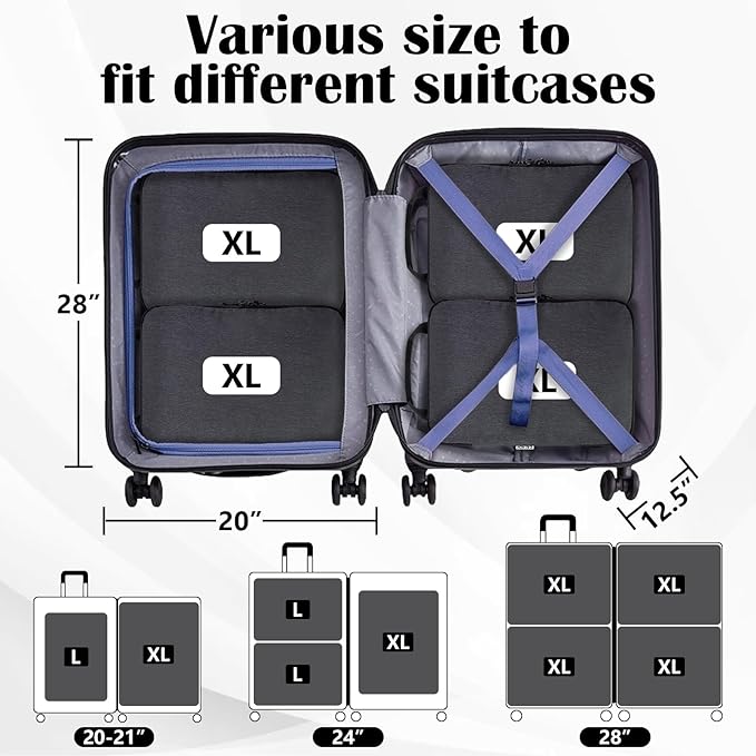 Compression Packing Cubes for Travel Essentials, 4 Set Expandable Travel Cubes for Packing Compression Bags Luggage Suitcase Organizer, Black