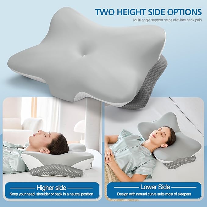 Ergonomic Memory Foam Cervical Pillow for Neck Pain Relief - Contour Design with Dual Heights for Side/Back/Stomach Sleepers with Washable Breathable Pillowcas