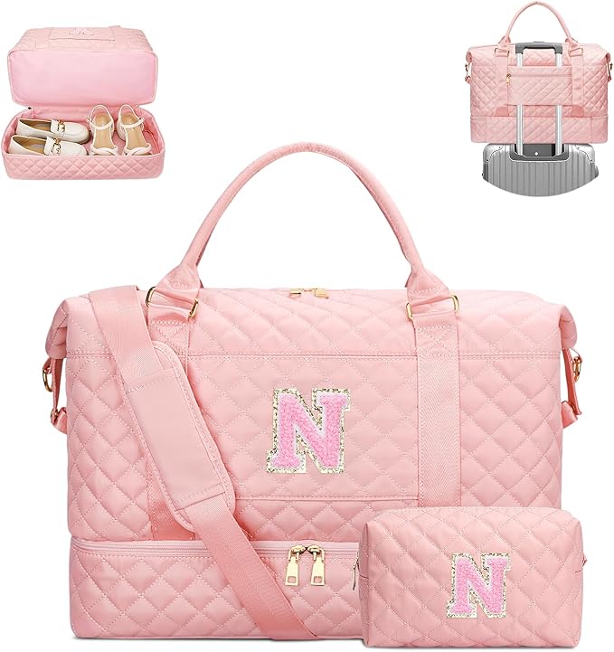 Gifts for Teen Girls Initial Travel Duffle Bag Quilted Weekender Bags Carry-On Overnight with Cosmetic Bag, Gym Bag with Shoe Compartment Hospital Bag for Women Labor Delivery, Pink-N