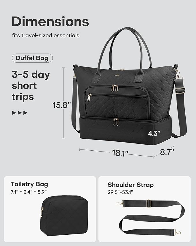 HOTOR Travel Duffle Bag for Women - Carry on Bag with Toiletry Pouch & Shoe Compartment, Large Overnight Weekender Bags for Gym, Business Trips, Sports and Hospital, Black, 18.1" x 8.7" x 15.8"