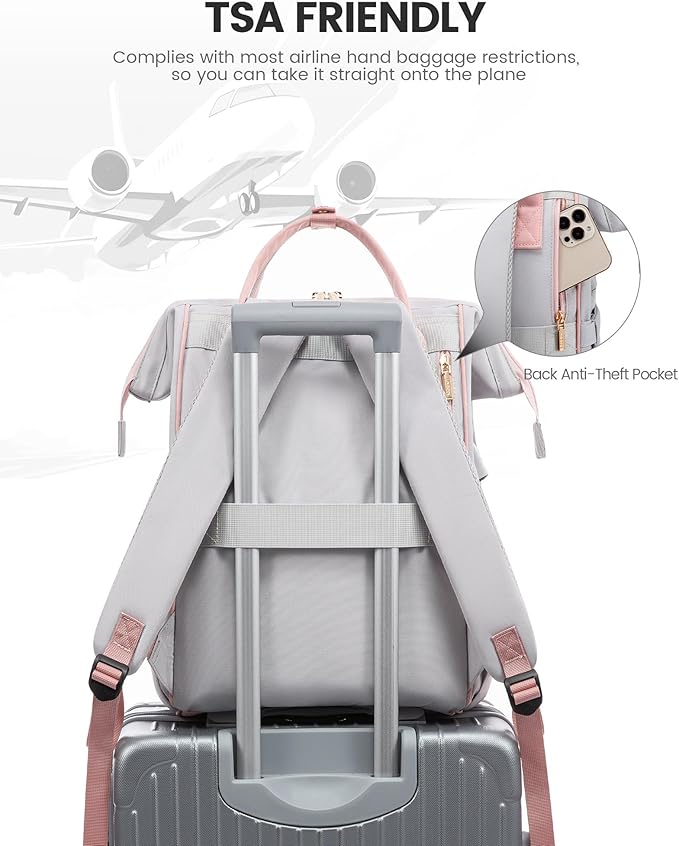 LOVEOVOOK 15.6 Inch Laptop Backpack for Women, Large Capacity Travel Backpack with USB Charging Port, Waterproof Work Backpack for Business, College, Nursing & Airline Travel,Pink&Gray