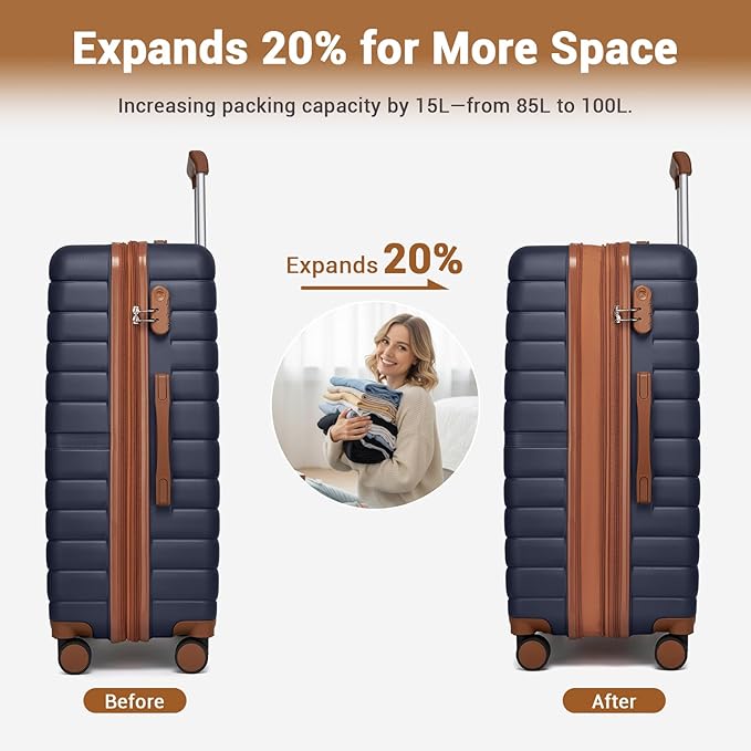 Kono Expandable 28 Inch Luggage with Spinner Wheels, Large Checked Luggage with Lock, Lightweight & Anti-Scratch PC+ABS Hardshell Travel Suitcase, Navy/Brown