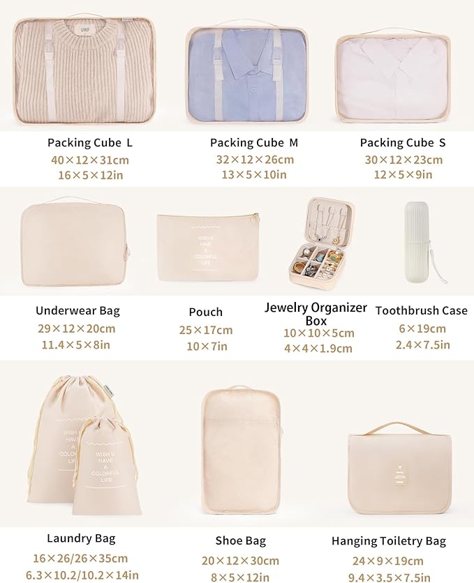 Packing Cubes 11 Set, Suitcase Organizers, Luggage Organizer Bags for Travel, Packing Cubes for Travel, with Toiletry Bag, Travel Essentials,Beige