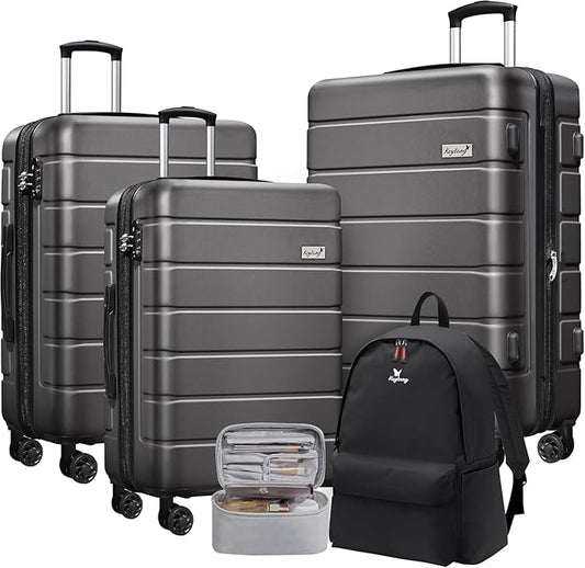 Explorer Luggage Set, Lightweight Hardside Suitcase, Expandable Carry-On Luggage with Travel Backpack & Cosmetic Makeup Bag, 5-Piece Set (20in/24in/28in), Grey