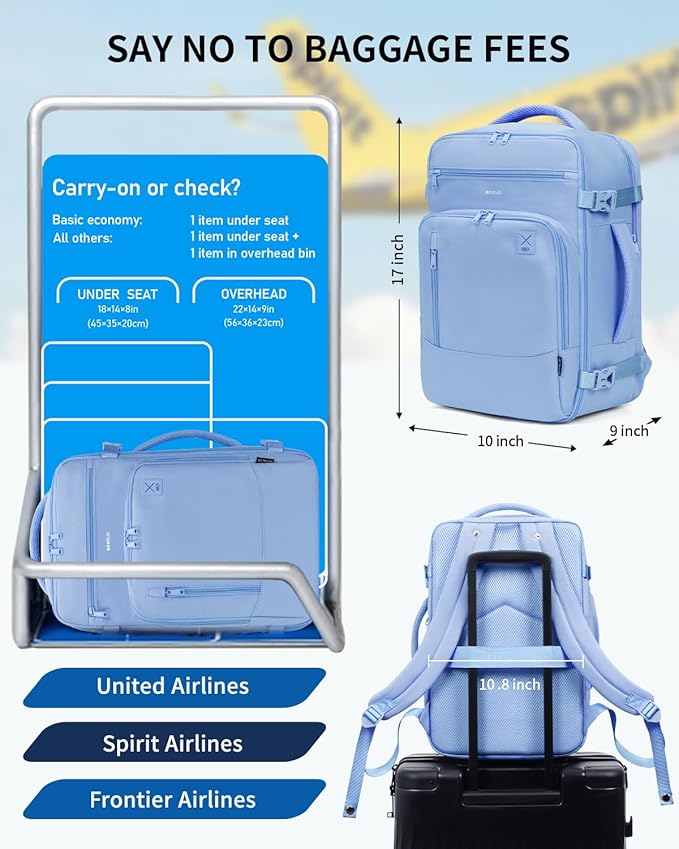 ECOHUB 17" Small Travel Backpack, United Airlines Personal Item Bag 17x10x9 with 16 Pockets, Water Resistant Rucksacks Fit 15.6" Laptop, AirTag Pocket, Lightweight Casual Daypack, 25L, Light Blue