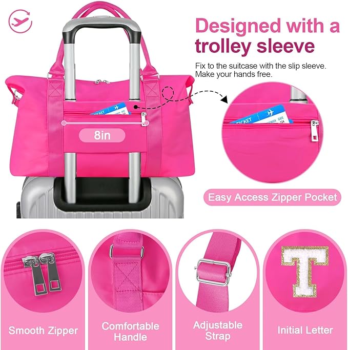 Dance Gym Duffel Bag for Teen Girls, Personalized Initial Travel Weekender Bag,Cute Overnight Carry On Duffle for Women,Sports Travel Cheer Bag,Monogram Christmas Gifts for Tween Preppy(rosered-T)