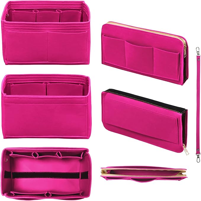DailyPlus Purse Organizer Insert with Zipper Felt Bag Organizer Handbag Organizer Insert Bag in Bag Organizer with Key Chain for Tote Purse Bag Rose XLarge