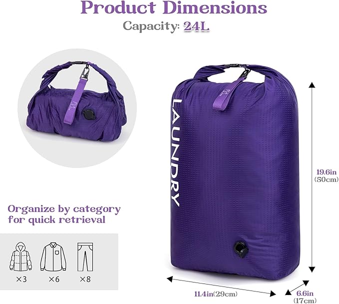 Travel Laundry Bag, Vacuum Compression Dirty Clothes Travel Bag, Waterproof Wet/Dry Space-Saving Laundry Storage Organizer, Smell Proof Storage Bag for Clothing, Swimming, Yoga, Gym, Camping