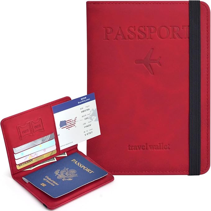 Passport Holder, Passport Cover with Credit Card Slot and Boarding Pass Slot Combo, Passport Wallet Case Book Travel Must Have, RFID Blocking Leather Travel Accessories, Red