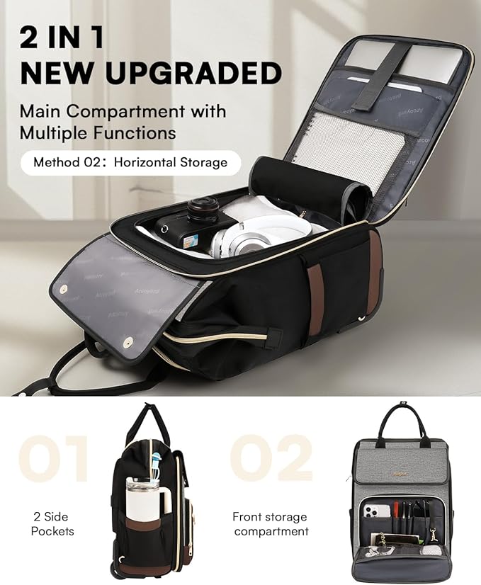 Rolling Backpack for Women, Travel Rolling Laptop Backpack with Wheels, Vertical & Horizontal Storage 2 In 1, Flip-Top Design, Water-Resistant Overnight College Underseat Carry on Luggage, Dark Gray