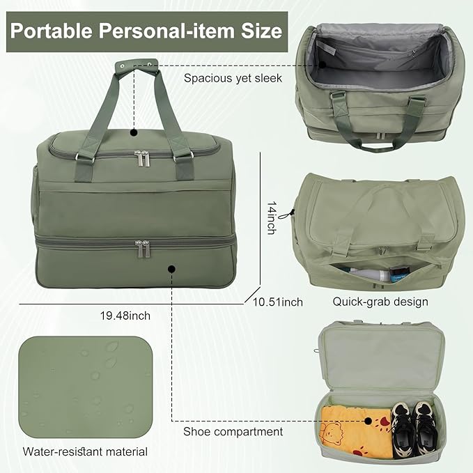 Carry On Travel Duffel Bag for Women & Men,Overnight Weekender Bag with Shoe Compartment,Trolley Sleeve and Adjustable Shoulder Strap,Business & Weekend Travel,Gym,Sports,Yoga & Dance (Green)