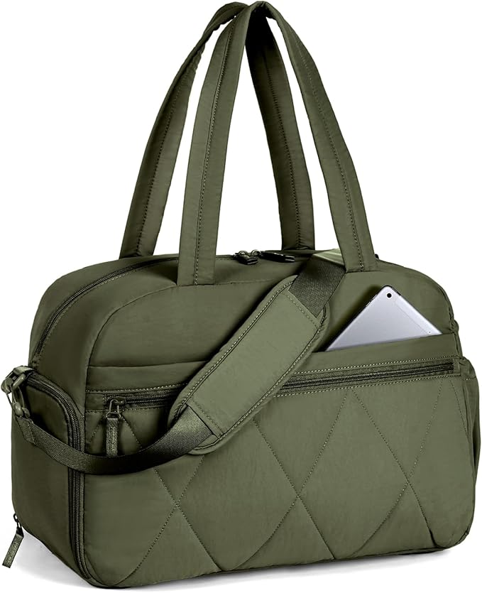 Gym Bag for Women, Puffer Travel Duffle Bag With Shoes Compartment & Wet Pocket, Carry On Tote Bag For Weekender, Overnight, Sport duffel bags for traveling (Green, Medium)
