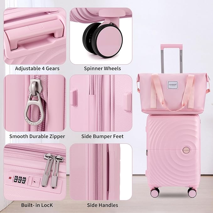LARVENDER Carry On Luggage Set 22x14x9 Airline Approved, Expandable 20 Inch Carry-On Suitcases With Wheels, Lightweight Luggage Sets 3 Pieces With Duffel Bag, Light Pink