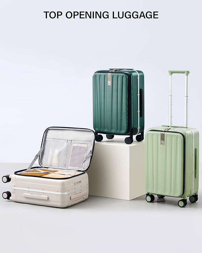 Hanke 24 Inch Checked Luggage Front Opening Rolling Suitcase Hard Sided Luggage with Spinner Wheels Travel Luggagefor Woman Men.(Dark Green)