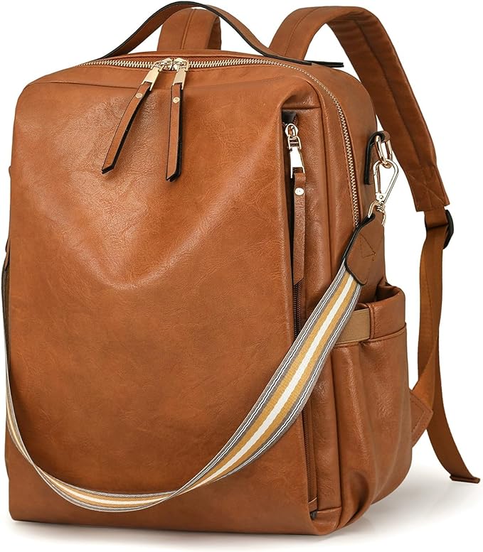 myfriday PU Leather Large Backpack Purse for Women Casual Travel Backpack Convertible Satchel Handbags With Luggage Strap (Brown)