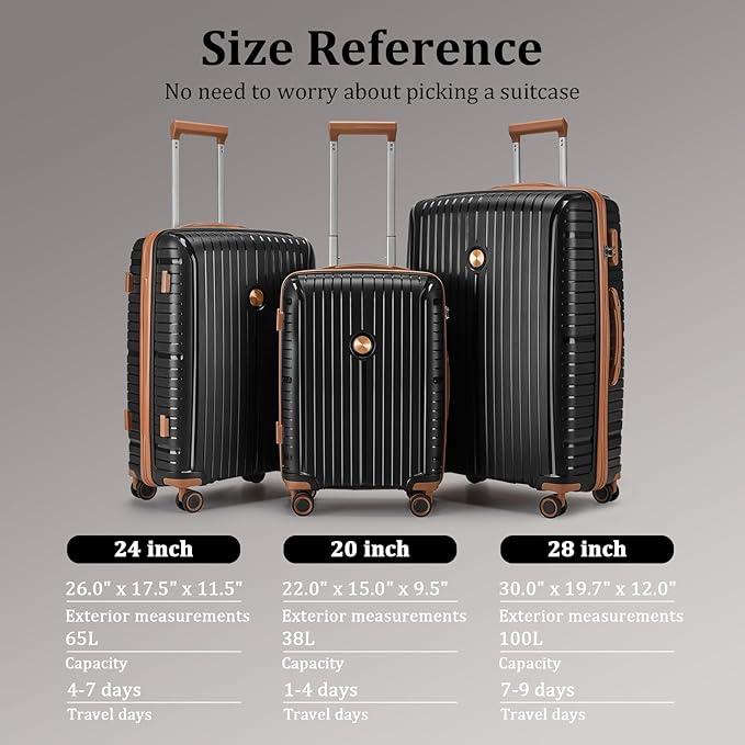 Joyway Luggage Sets 5 Piece PP Hardshell Carry on Suitcase, Travel Lightweight Carry-on with Double Spinner Wheels and TSA Lock, Black Brown