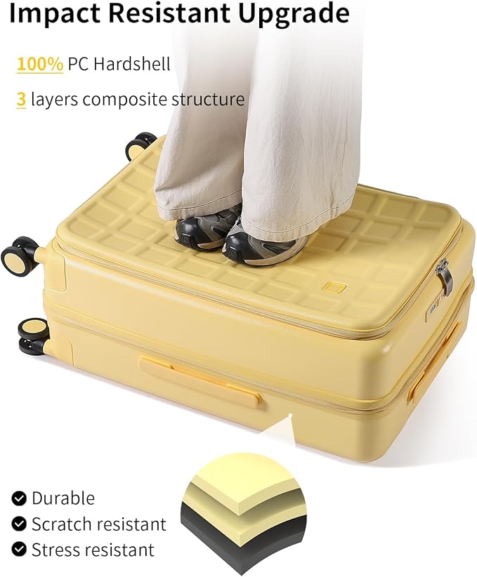 aji Expandable Top Opening 24 Inch Checked Luggage with Spinner Wheels, Large Suitcase with TSA Lock, Hard Shell Travel luggage Suitcases for Men Women, for 12+Days Travel, Cheese Yellow