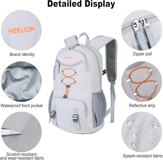 Nerlion 35L Hiking Backpack Travel Backpack for Men Women Camping Waterproof Outdoor Hiking Daypack Lightweight Backpack Silver Orange
