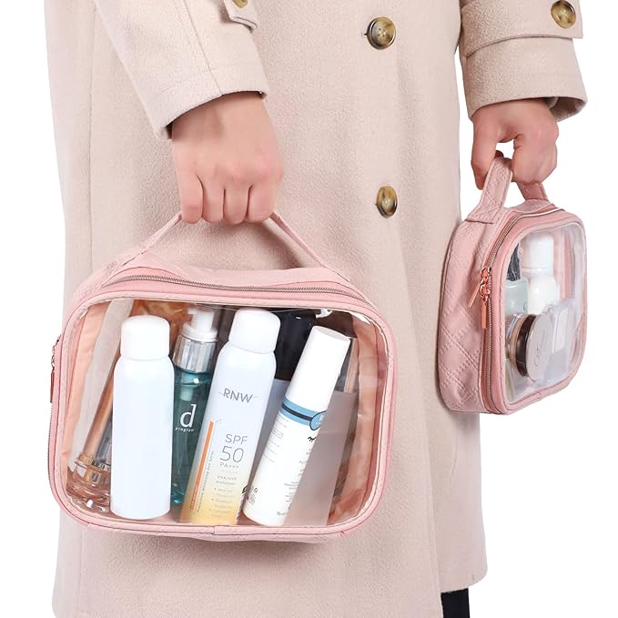 PACKISM Clear Makeup Bag Combo Pack, 1 TSA Approved Medium & Large for Checked Luggage, Clear Toiletry Bag with Handle, Water-resistant Travel Essentials Organizer, Rose Pink