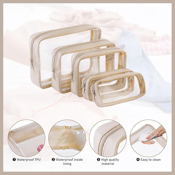 TSA Approved 5-Piece Diaper Bag Organizer Pouch Set Clear Waterproof TPU Kids Toiletry Storage Set Travel Packing Clutch Cube Bags for Baby Nursing(Cream leather)