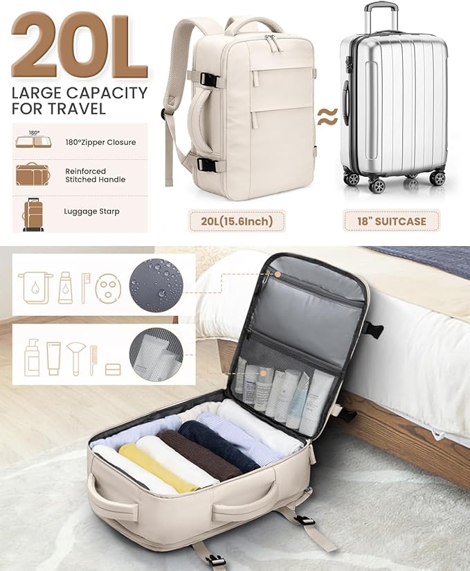 Pritent Travel Backpack for Women Man, Waterproof Personal Item Travel Bag Airline Approved Laptop Backpack Bookbag Weekender bags for Business,Travel, Work Fits 15.6 inch Laptop(Medium,Beige)