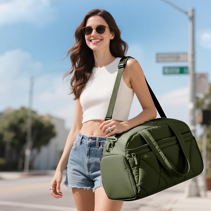 Gym Bag for Women, Puffer Travel Duffle Bag With Shoes Compartment & Wet Pocket, Carry On Tote Bag For Weekender, Overnight, Sport (Green, Large)