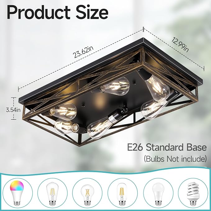Farmhouse Rustic Ceiling Light for Kitchen, 6-Light Hallway Flush Mount Light Fixtures Ceiling Mount,23" Industrial Metal Cage Ceiling Light for Farmhouse,Kitchen,Hallway E26 Base(1 Pack)