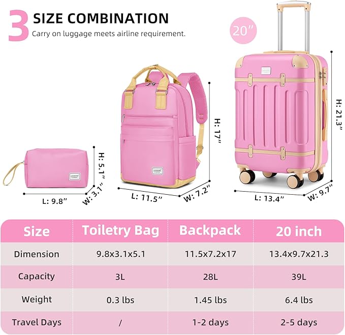 LARVENDER Luggage Sets 3 Piece Expandable Carry on Luggage 22x14x9 Airline Approved Hardshell Suitcase with Wheels TSA Lock, Lightweight Suitcase Set for Women with Travel Backpack, Berry