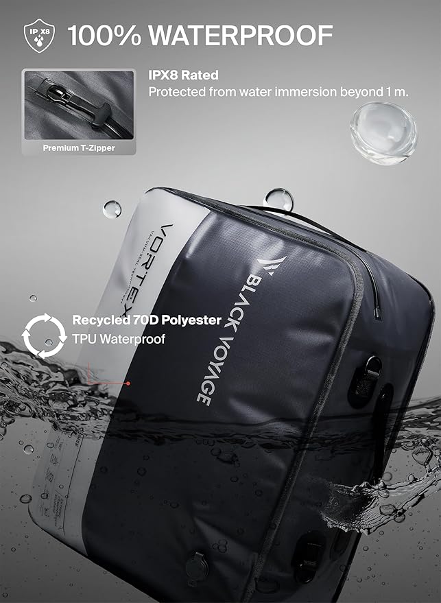 Black Voyage Reusable Vacuum Compression Travel Bag for Carry-On Suitcase and Backpack, Recycled IP67 Waterproof Space Saver Vacpack (2-Pack, 41L - Pump Included)