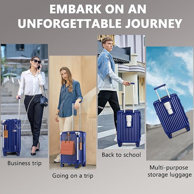 Joyway Luggage Sets 3 Piece, Expandable Suitcase with Smart Cup Holder and USB Port, Hardside Carry On Checked with TSA Lock Spinner Double Wheels, Blue